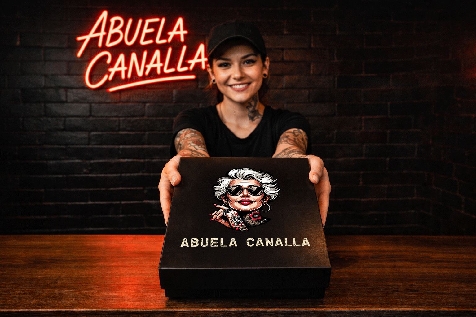 Franquiciada de Abuela Canalla con una caja de la marca